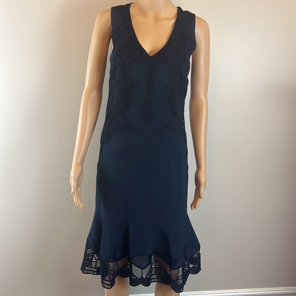 Jonathan Simkhai Navy Crepe V-Neck Dress with Lace Appliqué - Picture 5 of 12